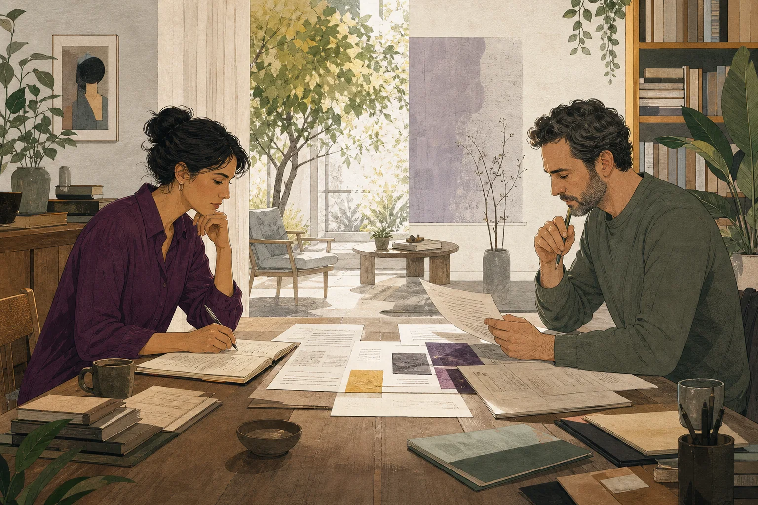 Dos profesionales revisan su experiencia y las necesidades de un trabajo sobre una mesa compartida.