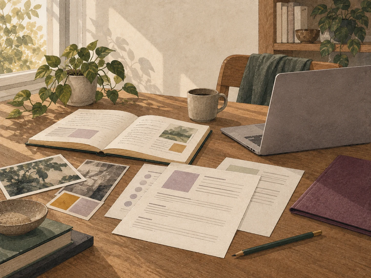 Un espacio de trabajo con documentos y muestras de experiencia preparados para construir un perfil laboral.